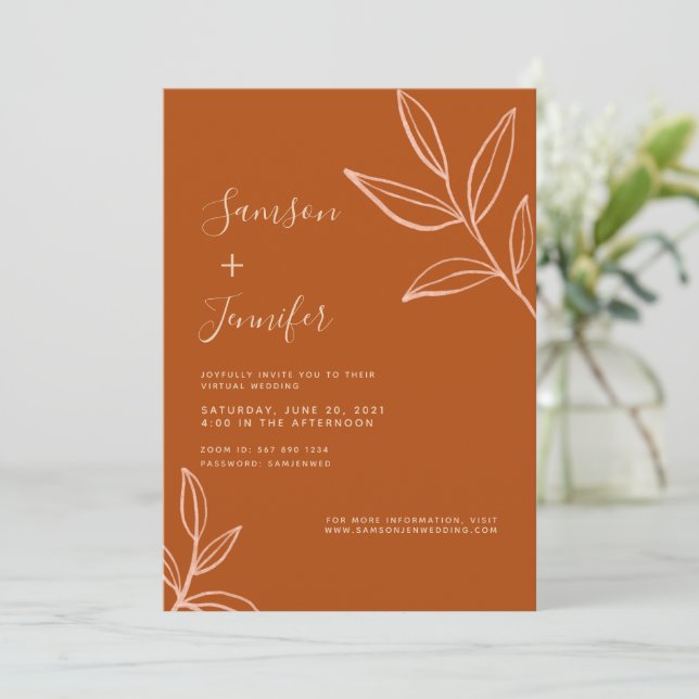 Minimalist Terracotta with Leaves Virtual Wedding Invitation (Standing Front)