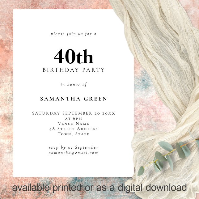Minimalist Text Any Colour 40th Birthday Party Invitation (Creator Uploaded)
