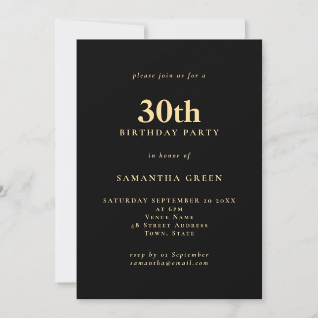 Minimalist Text Black Gold 30th Birthday Party Invitation (Front)