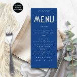 Minimalist Text Blue Wedding Menu card<br><div class="desc">Minimalist Text mid Blue Wedding Menu card. Available digitally and printed. Easily personalise the text to your own details which includes alternatives for your vegan or vegetarian options. You can change if you wish to any colours of your choice to match your wedding theme.</div>