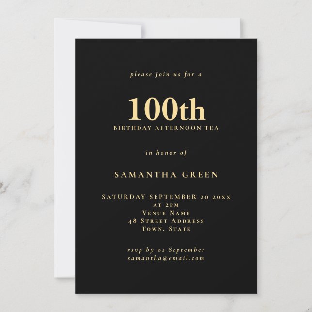 Minimalist Text Gold Black 100th Birthday  Invitation (Front)