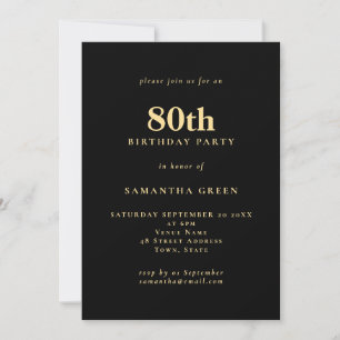 Minimalist Text Gold Black 80th Birthday Party  Invitation