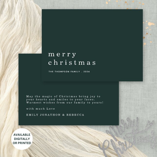 Minimalist Text Green White Merry Christmas Invitation (Frotn and back view. Available digitally and printed.)