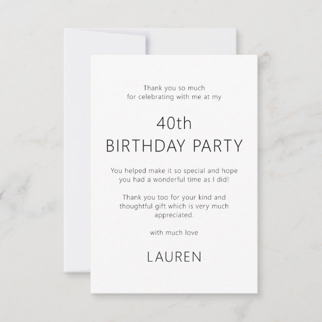 Minimalist Text Only 40th Birthday Thank You Card (Front)