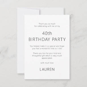 Minimalist Text Only 40th Birthday Thank You Card