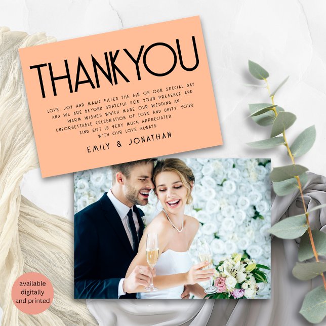 Minimalist Text Peach Wedding Thank You Card (Front and back view)