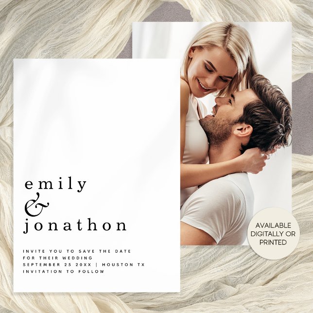 Minimalist Text Photo Black White Wedding Save The Date (Aaialable digitally or printed. Front and back view - add your photo on the back. )