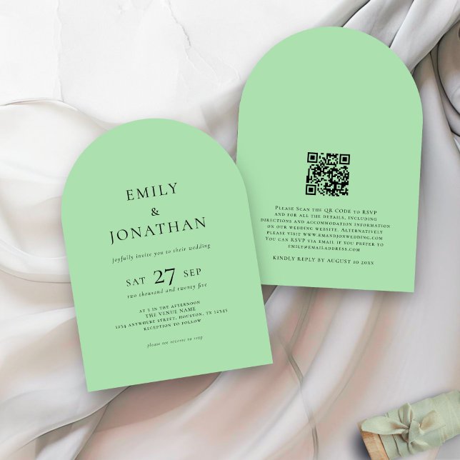 Minimalist Text QR Celadon Green Arch Wedding  Invitation (front and back view)