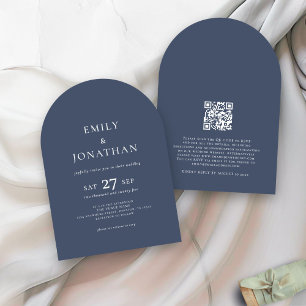 Minimalist Text QR Code Dusty Navy Arch Wedding Invitation