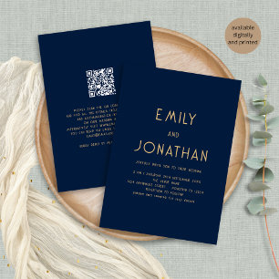 Minimalist Text QR Code Gold Navy Wedding Invitation
