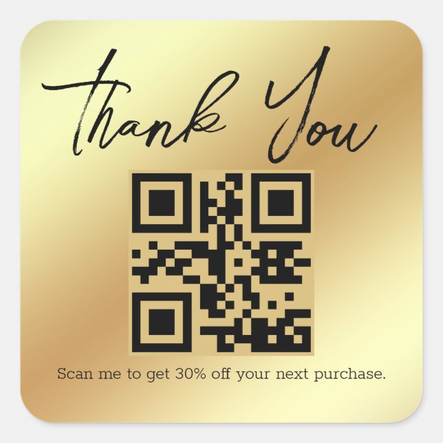 minimalist  thank you business qr code gold metal square sticker (Front)