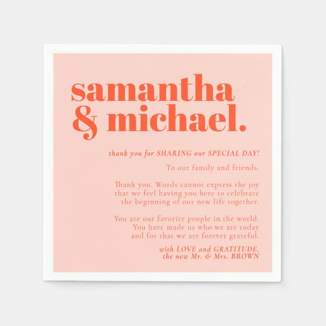 Minimalist Thank You left Orange Pink name Napkin (Front)