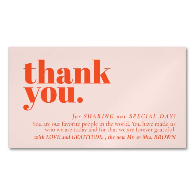 Minimalist Thank You note left Orange Pink Magnetic Business Card (Front)