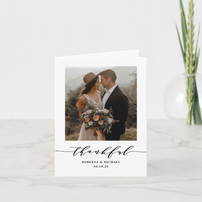 Minimalist Thankful Script Wedding Folded Thank You Card (Front)