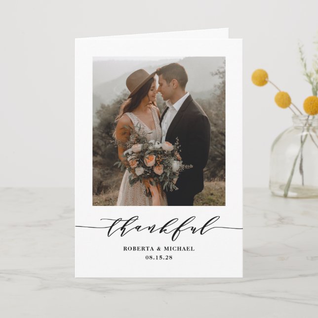 Minimalist Thankful Script Wedding Folded Thank You Card (Front)