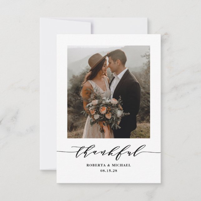 Minimalist Thankful Script Wedding Thank You Card (Front)