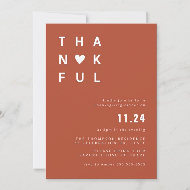 Minimalist Thankful Terracotta Thanksgiving Dinner Invitation (Front)