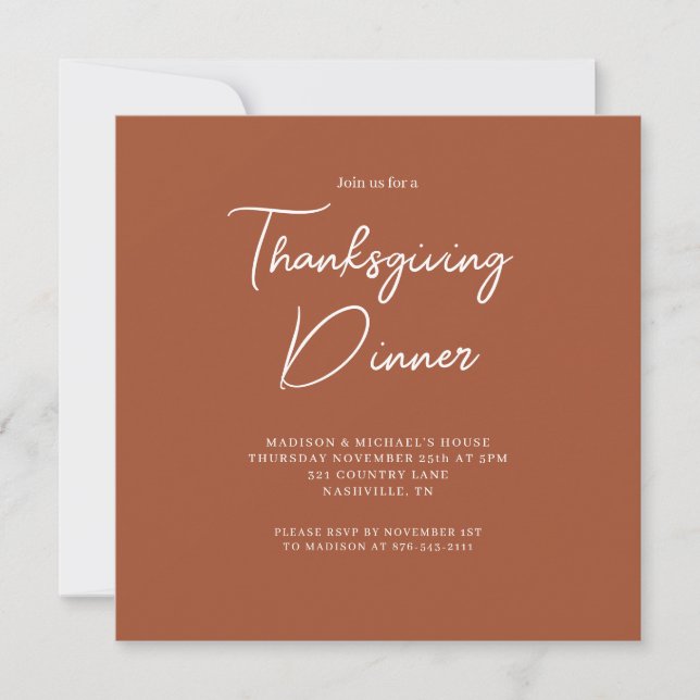 Minimalist Thanksgiving Dinner Orange Script Invitation (Front)