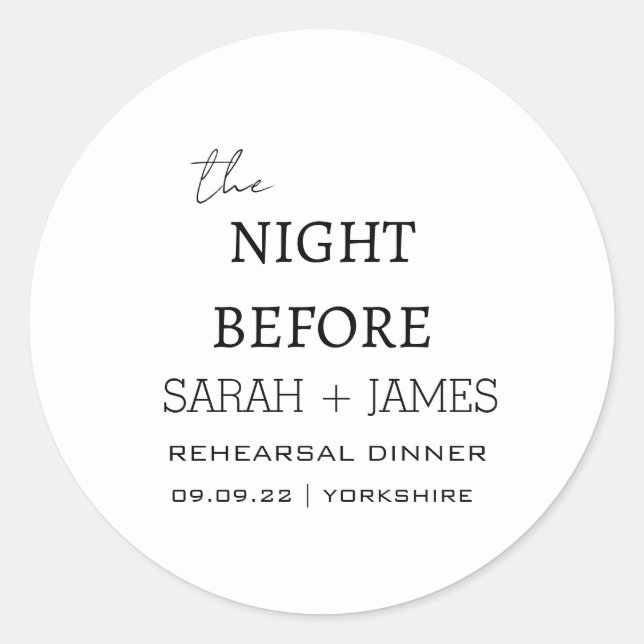 Minimalist The Night Before Rehearsal Dinner  Classic Round Sticker (Front)