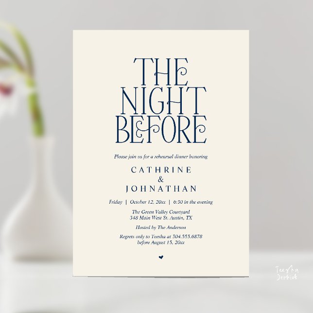 Minimalist "The Night Before" Rehearsal Dinner Invitation (Minimalist "The Night Before" Rehearsal Dinner Invitation Card in navy Blue and ivory)