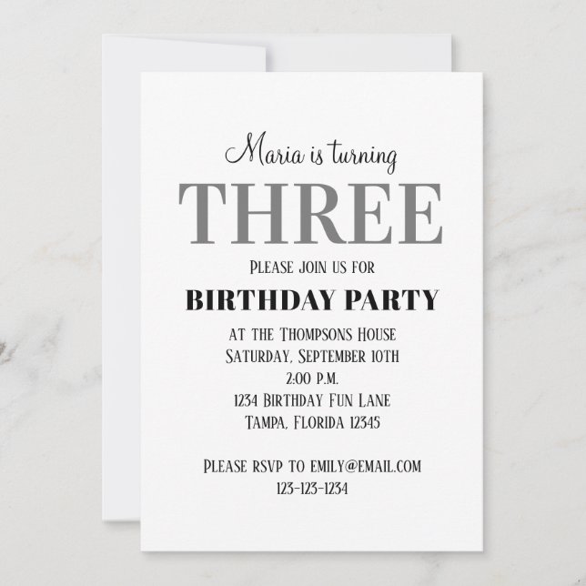 Minimalist Third Birthday Gender Neutral  Invitation (Front)