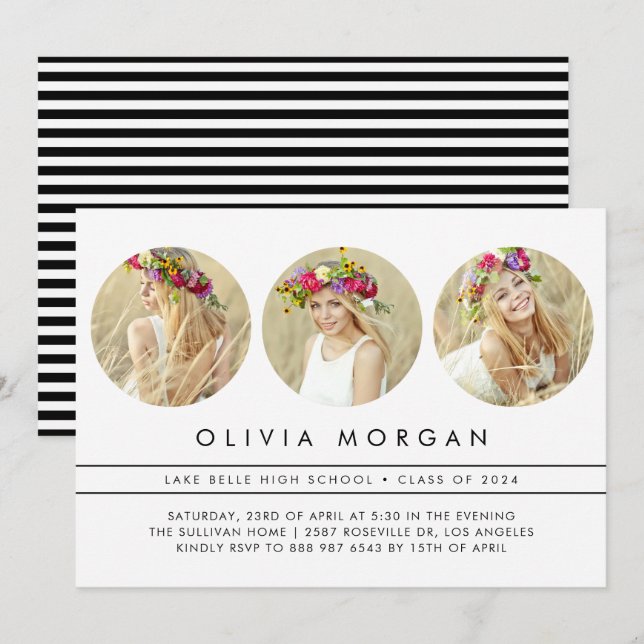 Minimalist Three Circle Photo Collage Graduation Invitation (Front/Back)