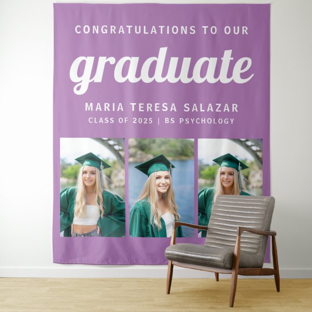 Minimalist Three Photo Graduation Tapestry |Purple (In Situ)