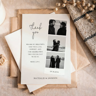 Minimalist Three Photo Strip Couple Wedding Thank You Card