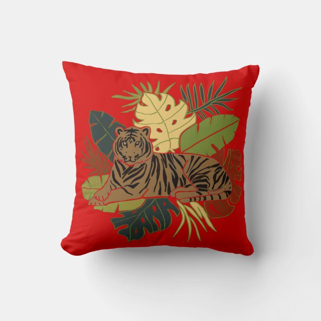 Minimalist Tiger On Jungle Leaves Red  Cushion (Front)
