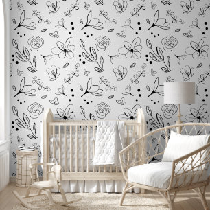 Minimalist timeless black white floral pattern wallpaper