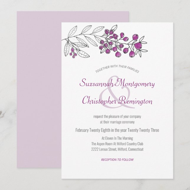 Minimalist Top Border Berry Leaf Wedding Invitation (Front/Back)
