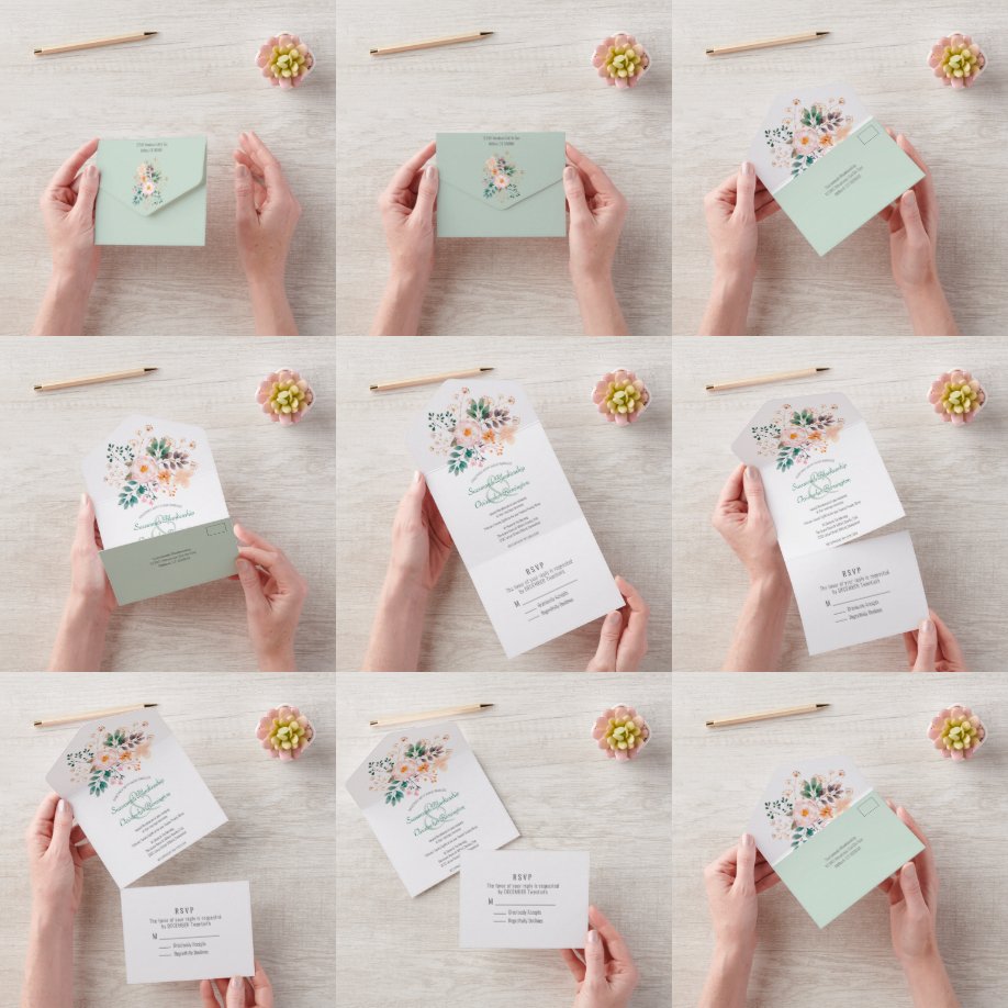 Minimalist Top Border Orange Shade Florals All In One Invitation