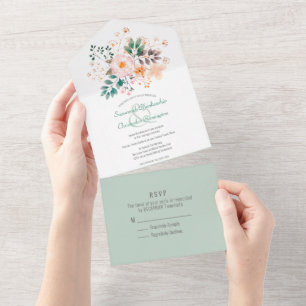 Minimalist Top Border Orange Shade Florals All In One Invitation