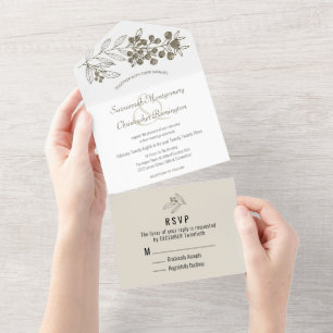 Minimalist Top Brown Border Berry Leaf Wedding All In One Invitation