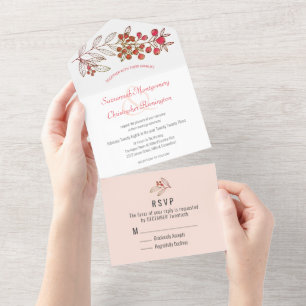 Minimalist Top Orange Border Berry Leaf Wedding All In One Invitation