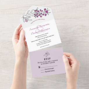 Minimalist Top Purple Border Berry Leaf Wedding All In One Invitation