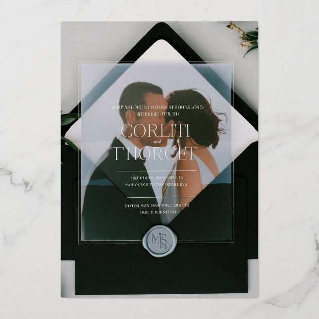 Minimalist Transparent Wedding Invitation with Bla (Front)