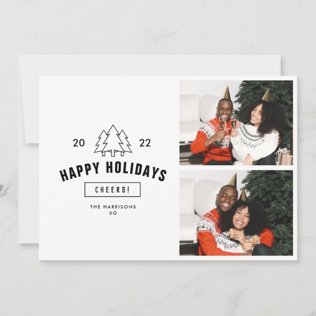 Minimalist Tree Happy Holidays Couple Multi Photo  Holiday Card (Front)