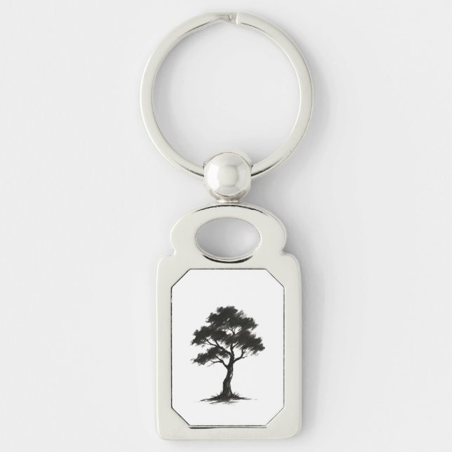 Minimalist Tree – Ink Brush Nature Illustration on Key Ring (Front)
