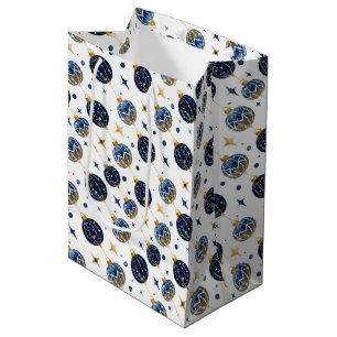 Minimalist Tree Ornaments, Dark Blue, Gold Medium Gift Bag