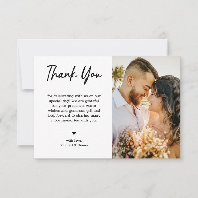 Minimalist Trendy Black Typography Photo Wedding  Thank You Card (Front)