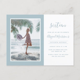 Minimalist Trendy Light Blue Photo Birthday Party Invitation Postcard