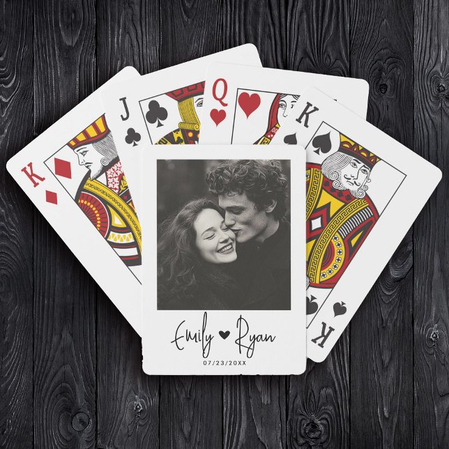 Minimalist Trendy Script Couple Photo Heart Custom Playing Cards (Creator Uploaded)