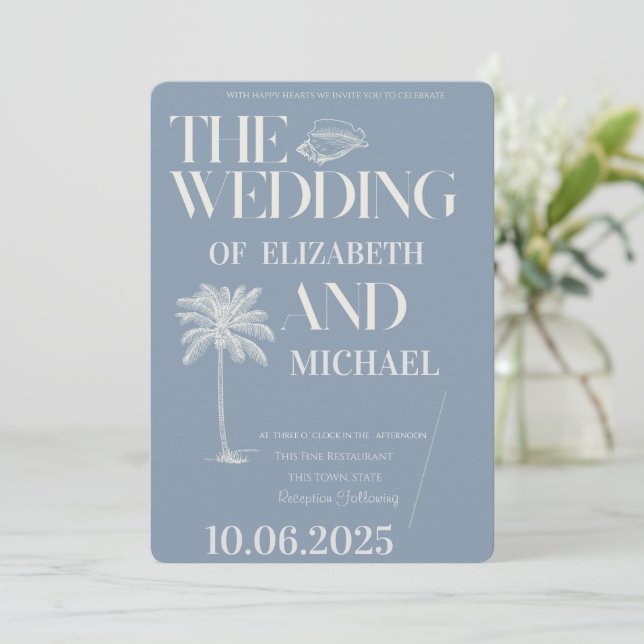 Minimalist Tropical Dusty Blue Invitation (Standing Front)