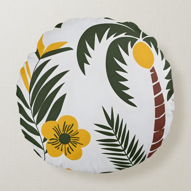 Minimalist Tropical Palm and Floral Pattern Round Cushion (Front)