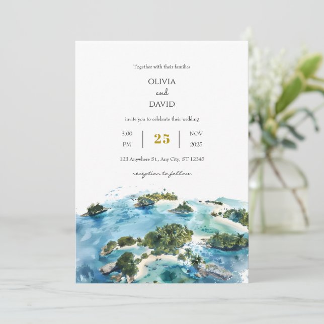 Minimalist Tropical Palm Islands Seaside Wedding  Invitation (Standing Front)