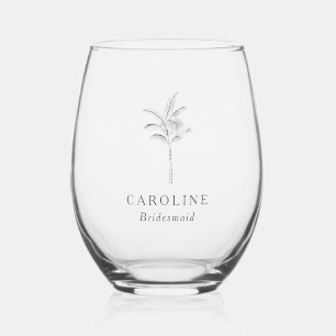 Minimalist Tropical Palm Tree BRIDESMAID Monogram Stemless Wine Glass