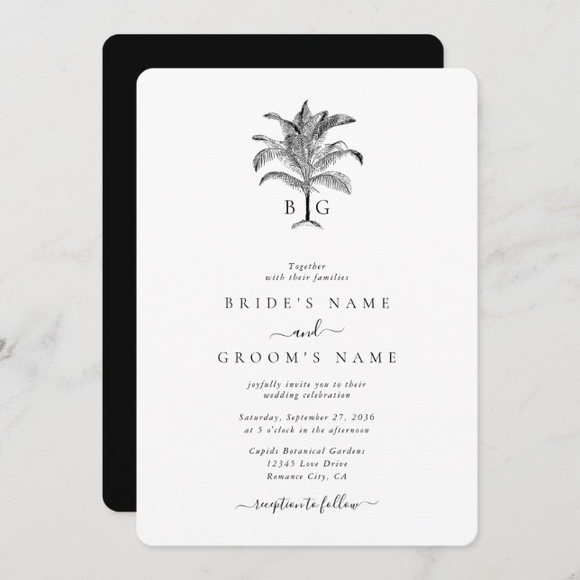Minimalist Tropical Palm Tree Monogram Wedding Invitation (Front/Back)
