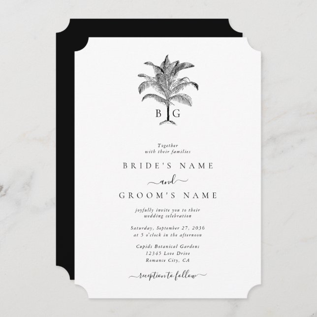Minimalist Tropical Palm Tree Monogram Wedding Invitation (Front/Back)