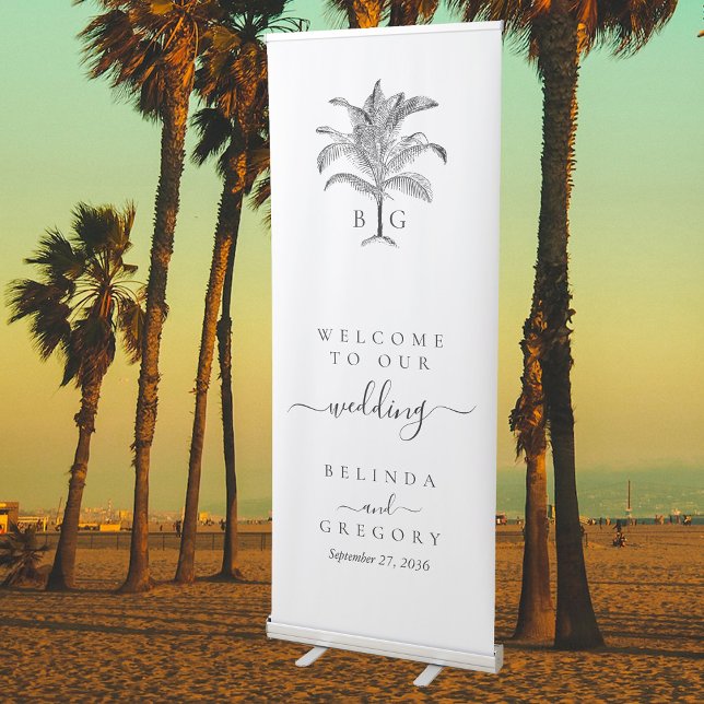 Minimalist Tropical Palm Tree Monogram Wedding Retractable Banner (Minimalist Tropical Palm Tree Monogram Wedding Retractable Banner)